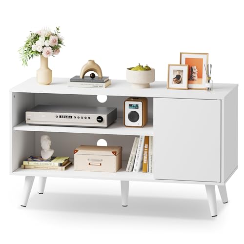 WLIVE TV Stand for 43 Inch TV, Small Entertainment Center with Storage Cabinet & Adjustable Shelves, Mid-Century Modern TV Stands for Living Room and Bedroom, TV Console Suit 32 Inch TV, White - color: White, size: 39 Inch