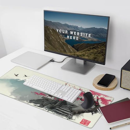 Japanese Pagoda Mouse Pad, Large Extended Gaming Desk Mat, Mount Fuji Cherry Blossom Design, Soft Cloth Surface with Rubber Base, 35.4in x 15.7in - color: Fuji Cherry Blossom
