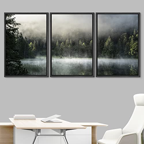 NWT Framed Canvas Print Wall Art Set Misty Fog Pine Tree Forest Landscape Nature Wilderness Photography Modern Art Realism Decorative Rustic for Living Room, Bedroom, Office - 16"x24"x3 Black - color: A02-2208-yuk25, size: 16" x 24" x 3 Panels BLACK