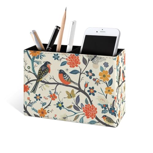 Famame Birds And Butterfly Tree Pencil Holder for Desk, Leather Desktop Container Pen Cup Storage Study Table Pen Organizer Makeup Brush Holder for Classroom Office Home - color: Birds Butterfly Tree
