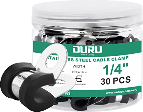 OURU 30pcs 1/4 Inch Stainless Steel Rubber Coated Cushioned Insulated Cable Clamps,Automotive Pipe Metal Clamps for Tube,Lines,Wire Cord Installation(Black,6mm) - size: 30pcs - 1/4"