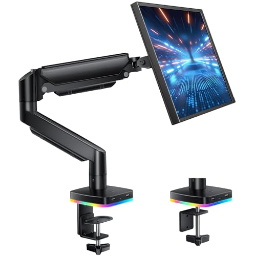 RGB Single Monitor Stand, Gas Spring Monitor Arm with 3 USB Ports, Charging and USB Data Transfer Function, Desk Mount for 13"-32" Monitors up to 19.8lbs, Adjustable Height, Tilt, Swivel, Rotate - size: RGB Single Arm