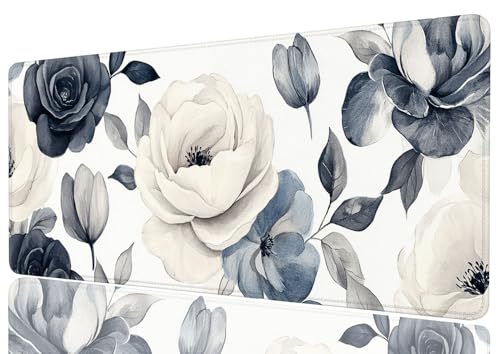 Flower Extended Mouse Pad Navy Cream Watercolor Floral Minimal Chic XL Mouse Pad Large Mousepad Extended Laptop Keyboard Mat Gaming Desk Pad Mouse Mat 31.5x11.8 Inch - color: Flower