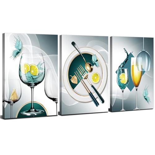 Teal Grey Modern Wall Art Dining Room Wine Glass Pictures for Kitchen Bar Wall Decor Abstract Turquoise Geometric Goblet Cups Poster Kitchenware Canvas Paintings Artwork Home Decorations 12x16” 3 Pcs - color: Teal Wine Glass, size: 12"l X 16"w