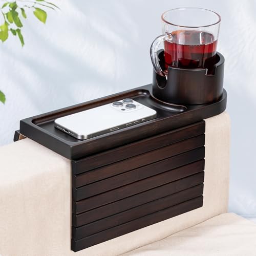 Couch Cup Holder for Armrests Over 4.9" Wide, Bamboo Couch Arm Tray with 360° Rotating Phone Stand, 3 in 1 Foldable Sofa Arm Tray Table for Remote, Snacks, Phone, Drinks Walnut - color: Walnut+bamboo
