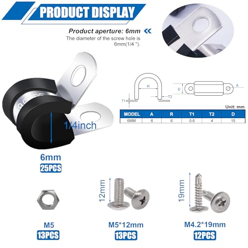 Twidec/50PCS 1/4 Inch Cable Clamp 304 Stainless Steel Rubber Coated Cushion Pipe Clamps,Metal Clamp,With Metal Rubber Clips For Automotive Wire Tube Pipe Clamps N-056-1/4 - size: 1/4 Inch - 50 PCS