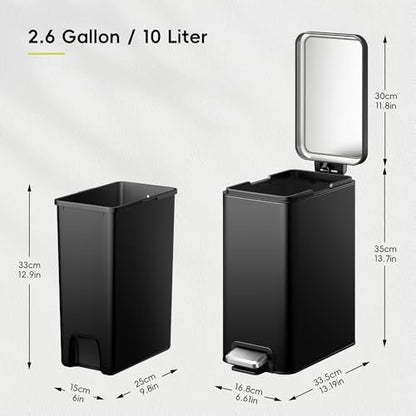 EKO Small Bathroom Trash Can with Lid Soft Close, Step Pedal, 10 Liter / 2.6 Gallon Stainless Steel Garbage Can with Removable Inner Bucket, Anti-Fingerprint Finish (Matte Black) - color: Matte Black, size: 10L