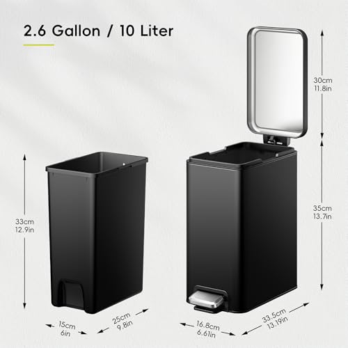 EKO Small Bathroom Trash Can with Lid Soft Close, Step Pedal, 10 Liter / 2.6 Gallon Stainless Steel Garbage Can with Removable Inner Bucket, Anti-Fingerprint Finish (Matte Black) - color: Matte Black, size: 10L