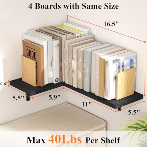 Love-KANKEI Corner Shelf Wall Mounted,Floating Wall Shelves for Storage,Rustic Wood Hanging Shelves for Display,Bathroom Kitchen Bedroom Living Room,Set of 4,Black - color: Black