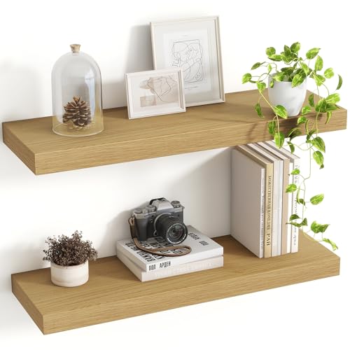 Acovy 24 Inch Floating Shelves, 8 Inch Deep Floating Shelves for Wall, Hanging Shelf with Invisible Brackets, Deep Shelves for Bathroom, Bedroom, Living Room, Oak, Set of 2 - color: Oak, size: 8"Wx24"L-2pcs