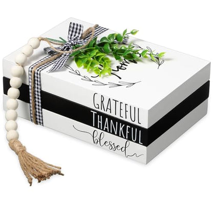 Capoda 3 Pcs Decorative Books for Home Decor Farmhouse Faux Stacked Books Wooden Rustic Table Decor with Bead Garland Twine Ribbon Faux Leaf for Table(Classic) - style: Classic