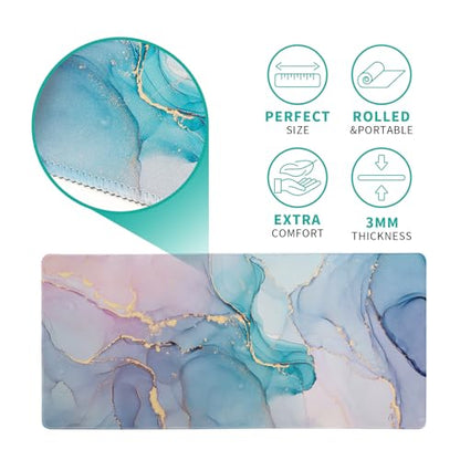 Teal Marble Extended Mouse Pad 31.5x11.8 Inch Turquoise Desk Marble Mousepad Extended Large Non-Slip Rubber Base Waterproof Big Keyboard Mat with Stitched Edges for Gaming and Office - color: Marble