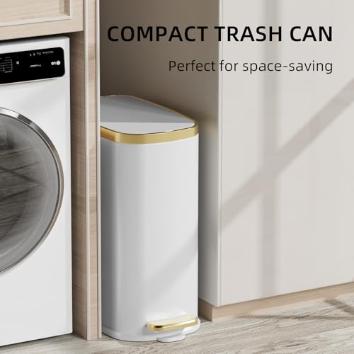 KUK Small Bathroom Trash Can with Lid Soft Close, Step Pedal, 2.6 Gal Stainless Steel Garbage Can with Removable Inner Bucket, Anti-Fingerprint Wastebasket for Office, Bedroom, Toilet (White) - color: Matt White-J-P