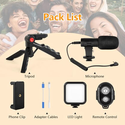 Vlogging Kit for iPhone, Android with Tripod, 62 LED Light,YouTube Starter kit with Mini Microphone & Phone Clip for Live Stream, Video Calls, Vlogging, YouTube, Instagram TikTok
