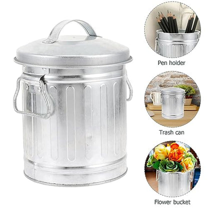 VILLCASE Mini Metal Bucket with Lid, 7.5" x 5" Small Garbage Can Trash Bin with Lid, Desktop Metal Rubbish Bin, Table Top Home Wastebasket for Countertop Office Silver Iron