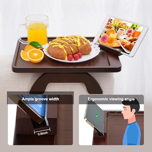SINWANT Couch Arm Tray Table, Large Space 15.75"x 11.8" Bamboo Couch Armrest Table with 360° Rotating Phone Holder,Foldable Sofa Armrest Tray for Eating Snacks Drinks Remote Books - color: Large Walnut