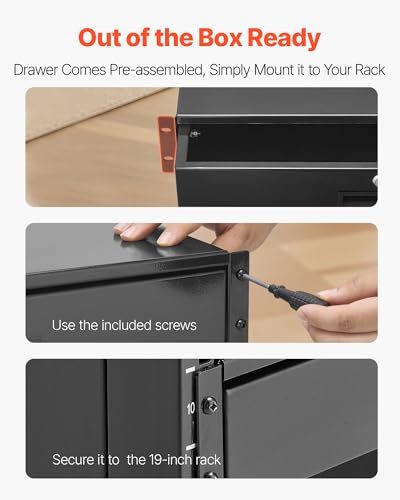 VEVOR 2U Rack Drawer, Lockable Server Cabinet Case, 13.8'' Depth Server Rack Mount Drawer, for 19'' Network Equipment/DJ/AV Rack or Cabinet Enclosure, 50 lbs Max Load, with Cable Management Holes - size: 2U