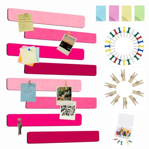 Vuzvuv 8 pcs Bulletin Board Bar Strips with 50 Pushpins & 10 Wooden Clip pins，Self Adhesive Cork Board for Wall，Felt Pin Board for School，Office Decor(Multi-Pink) - color: Mixed Pink
