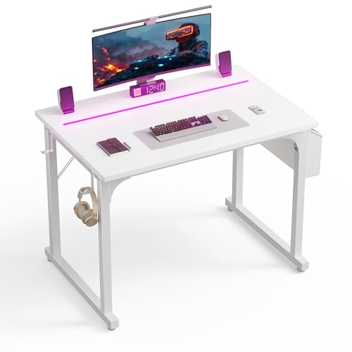DurayLoly 32" Computer Desk with Waterproof LED Lights,Bedroom Study Desk for Teens, Dorm Room Essentials,Headphone Hook&Storage Bag for Small Spaces,Sturdy Metal Frame,White - color: White, size: 32 Inch