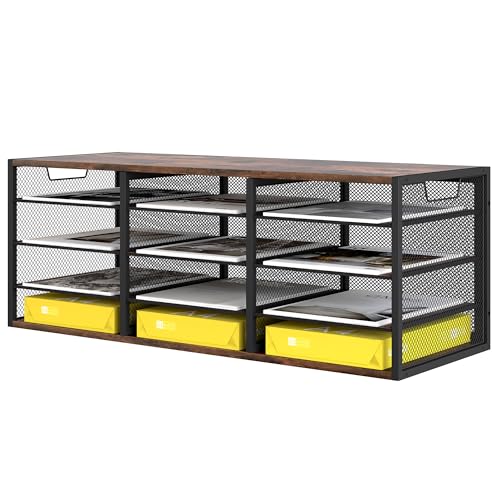 TQVAI 12 Compartments Desktop Literature Organizer, Metal Frame Paper Sorter with Handles, Heavy Duty Mailbox for Classroom and Office, Wood File Organizer for Document, Bill, Magazine, Antique Brown - color: Antique Brown, size: 31.5" W X 12.2" D X 11.81