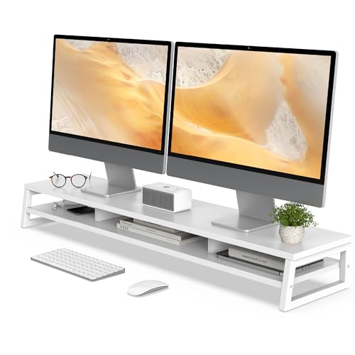 Fenge Dual Monitor Stand for Desk, 42.5in Large Monitor Riser for 2 Monitors, 2 Tier Computer Office Desk Top Shelf, Desktop Storage Stand for Laptop, PC, Computer, Printer - color: White