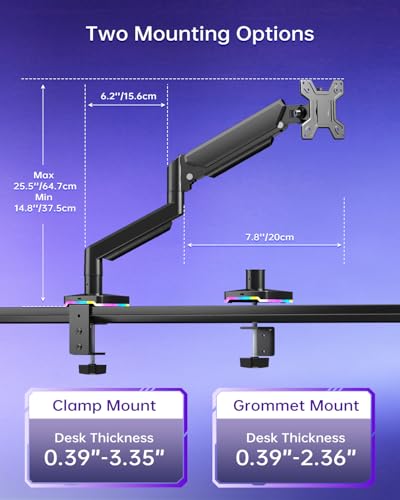 Afaloona Single Monitor Arm with RGB Lighting & 3 USB Ports, Gas Spring Monitor Mount for 13-32 Inch Screens up to 19.8lbs, Desk Mount with Charging & Data Transfer, Full Motion Adjustable - size: RGB Gas Spring Monitor Stand