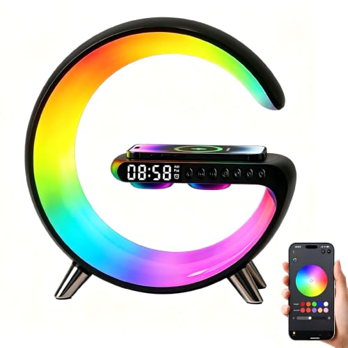Smart LED Table Lamp,4-in-1 Wireless Charger with Speaker,Night Light, Alarm Clock, and Bluetooth Speaker with App Control, Ideal Gifts for Home, Office, Christmas (Light Black) - color: Light Black