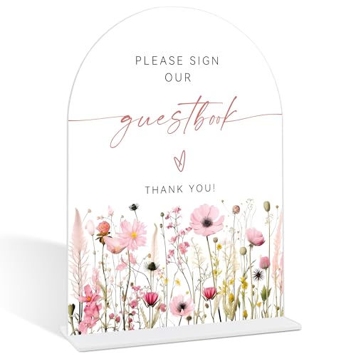 Pink Flower Please Sign Our Guestbook Sign, Wedding Guest Book Alternative, Bridal Shower Centerpieces, Wedding Reception Decorations, Acrylic Arch Bridal Shower Signs With Base-12 - color: Please Sign12