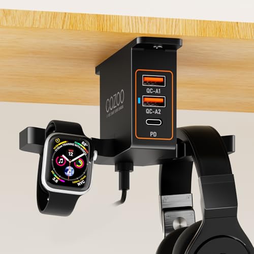 cozoo Headphone Stand with USB Charger Under Desk Headset Holder Mount 3 USB Charging Station,iWatch Stand Watch Dock Dual Earphone Hanger Hook,PC Accessories Gifts,UL Tested - color: Black ( PD & QC3.0 )