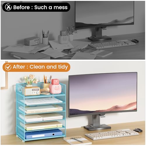 Subekyu 6 Tier Office File Paper Desk Tray Organizer with Handle, Stackable Slide Mesh Letter Tray Folder Blue Desk Organizer, Desktop Document Sorter for Classroom, Office, Home Supplies Storage - color: Blue