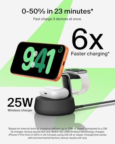 Belkin MagSafe Charger Compatible, 3-in-1 Charging Station, Qi2.2 25W w/Cooling Fan (On/Off Control) Magnetic Wireless Charger for iPhone 17, Apple Watch, AirPods, Pixel 10 (45W Adapter Included) - color: Black, style: 3 in 1