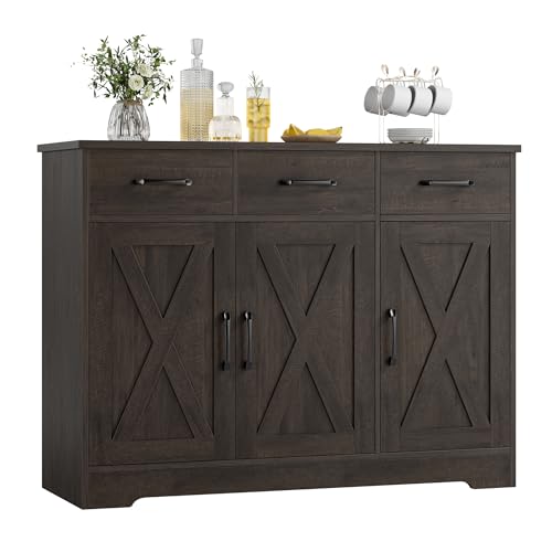HOSTACK Modern Farmhouse Buffet Sideboard Cabinet, Barn Doors Storage Cabinet with Drawers and Shelves, Wood Coffee Bar with Storage for Dining Room, Kitchen, Living Room, Dark Brown - color: Dark Brown