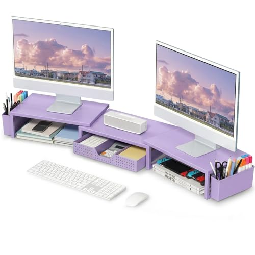 OPNICE Desk Organizers and Accessories, Dual Computer Monitor Stand Riser with Drawer and 2 Pen Holders, Office Desk Accessories, Workspace Desktop Organization for Office Supplies (Purple Metal ) - color: Purple Metal
