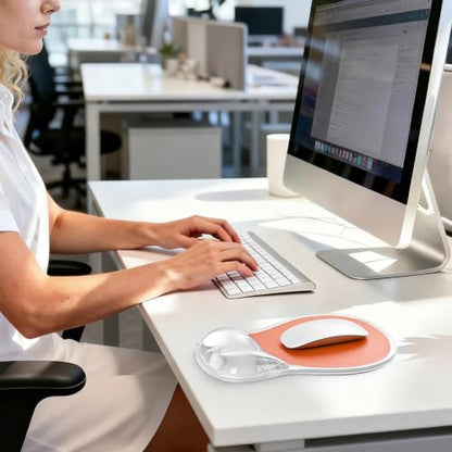 EooCoo Ergonomic Washable Mouse Pad with Gel Wrist Rest Support | Middle Concave Design, Relieve Wrist Pain, Non-Slip Base, Office Desk Accessories - color: Transparent Orange