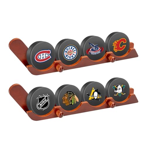 2 Pack Hockey Puck Display Case for 4 Pucks, Wooden Wall Mount Holder with Hooks - Hockey Puck Holder Living Room Stick Decor Accessory for Player Team Gift, Brown, ZiS005 - color: Brown