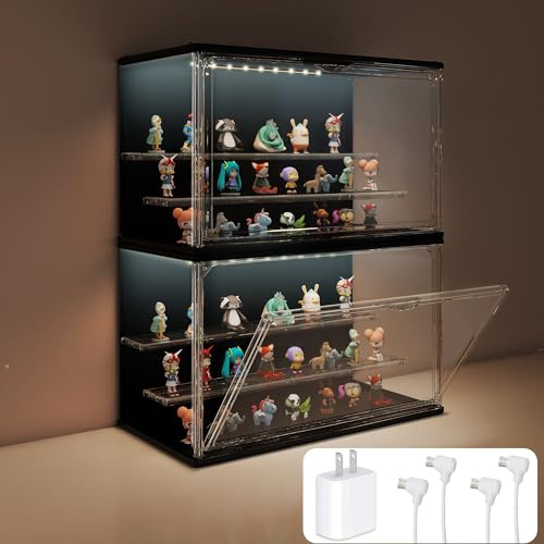 2PCS Clear Display Case for Collectibles, 3-Tier Adjustable Display Case with Led Light,Stackable Storage Bins with Magnetic Door for Jewelry (Black) - color: Black, size: 2 Pack-17.4"H