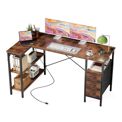 DUMOS L Shaped Desk with Shelf Drawers 55 Inch, Brown Corner Computer Desks Gaming with Power Outlet, Study Table with Adjustable Shelves, Home Office Tables for Bedroom Teacher Reading Writing - color: Tank