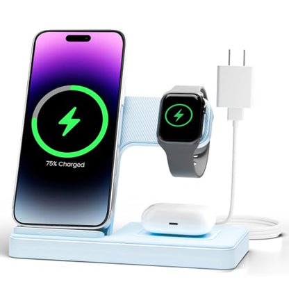 Wireless Charger Stand Charging Station: 3 in 1 Charger Stand Multiple Devices for Apple - iPhone 17 16e 16 15 14 Pro Max 13 12 - Watch 11 10 9 8 7 6 5 4 3 2 SE and Ultra Series-Airpods 4 3 Pro, Blue - color: Blue