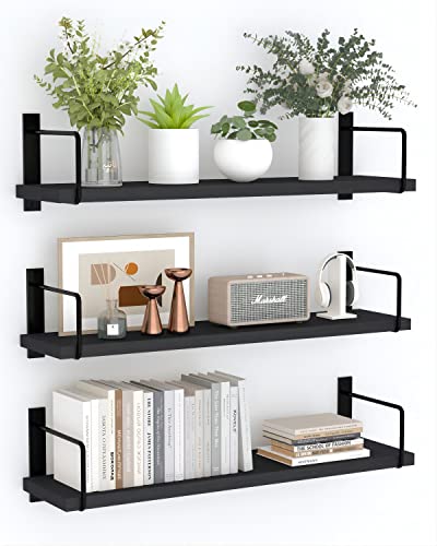 Floating Shelves, 24 Inches Easy to Install Wall Mounted Shelves, Set of 3, Rustic Wood Shelves for Wall Decor, Storage Shelves for Living Room (Black) - color: Black