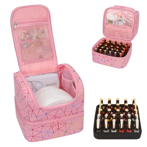 CUBETASTIC Nail Polish Organizer Bag, Double Layer Nail Tech Travel Case Holds 27 Bottles & Nail Lamp, Pink Nail Storage Organizer Box for Supplies, Portable Manicure Case - color: Triangle Pink, size: 27 Slots
