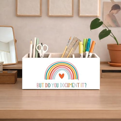 But Did You Document It Wooden Desk Organizer Pen Holder | Motivational quote design; 3-compartment wooden caddy holds pens, pencils, and supplies for office, home, or classroom. - color: Document It Rainbow