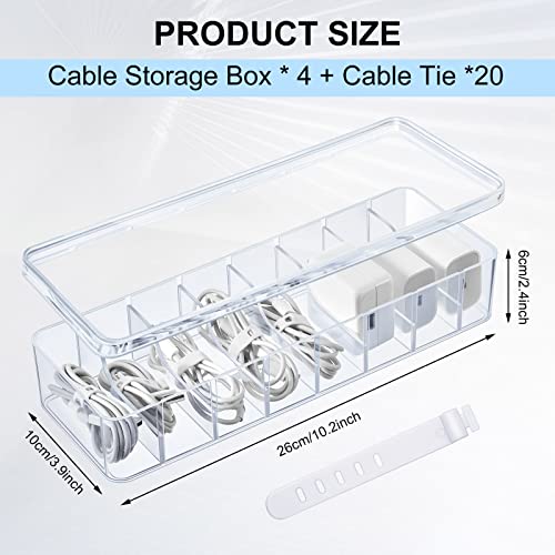 Tatuo 4 Pcs Cable Organizer Box with Wire Ties, Plastic Cord Storage Box with Lid, Electronics Organizer for Home Office Desk Organizers and Accessories (Clear) - color: Clear