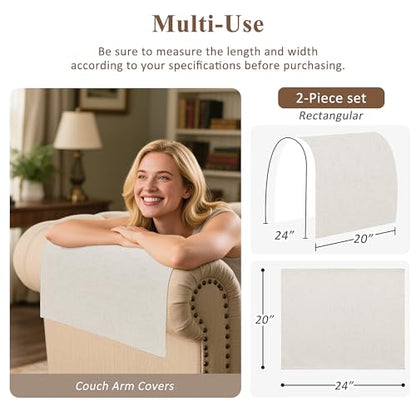 Couch Arm Covers Linen Chair Arm Covers Stain Resistant & Anti-Scratch Furniture Protector for Sofa Recliner Armrest Cover for Pets, 2 Pcs, Cream, 20" W x 24" L