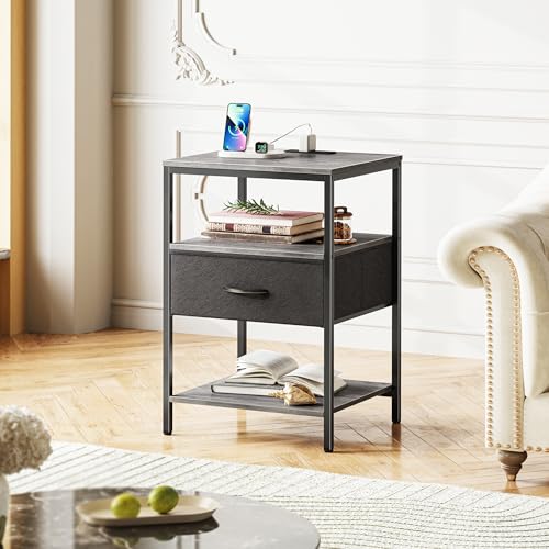 SUPERJARE Night Stand with Charger Station, 27.7 Inch Tall Nightstand with Adjustable Fabric Drawer, Bed Side Table, Fabric Drawer Dresser for Bedroom, Living Room, Charcoal Gray and Black - color: Charcoal Gray and Black, size: L (15.7"D x 17.7"W x 27.7"