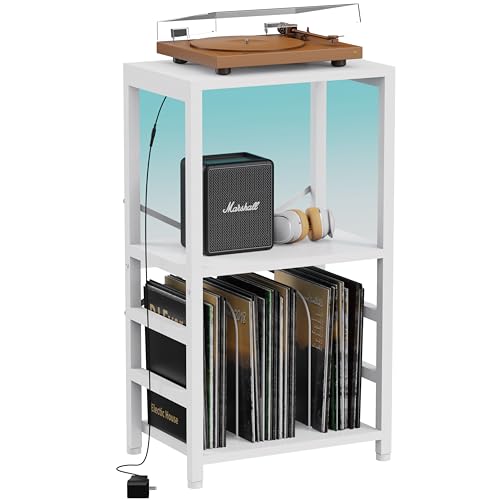YAKANJ End Table with LED Light,Record Player Stand with Albums Storage,Vinyl Records Storage,Turntable Stand Side Table for Music Room Studio Living Room Bedroom-Rustic White - color: Rustic White