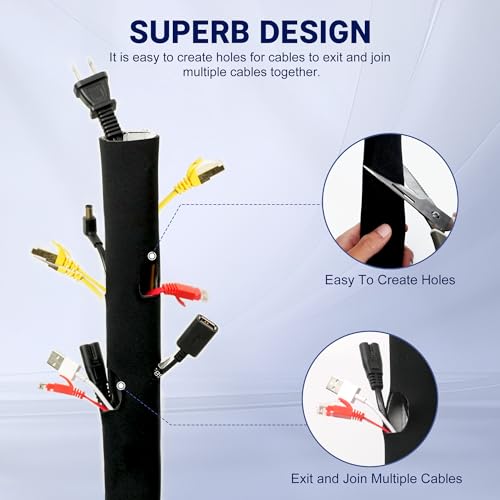 Cable Management Sleeve 3.3ft (40 inch) - 1.5 inch, Hook-and-Loop Cuttable Neoprene Cord Organizer, Split Wire Reversible Cord Protector for TV USB PC Ethernet Cable Hider Protect Pets Kids - size: 3.3ft-1.5"