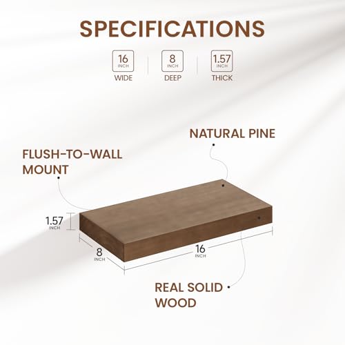 Heimlove Solid Wood Floating Shelves 16 inch, 8 Inch Deep Display Shelves Set of 2, Wall Mounted Floating Shelf with Invisible Brackets for Bathroom Bedroom Kitchen Living Room - American Walnut - color: American Walnut, size: 16”Wx8”Dx1.6”H