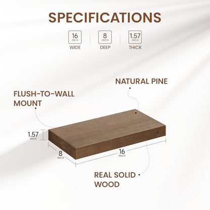 Heimlove Solid Wood Floating Shelves 16 inch, 8 Inch Deep Display Shelves Set of 2, Wall Mounted Floating Shelf with Invisible Brackets for Bathroom Bedroom Kitchen Living Room - American Walnut - color: American Walnut, size: 16”Wx8”Dx1.6”H