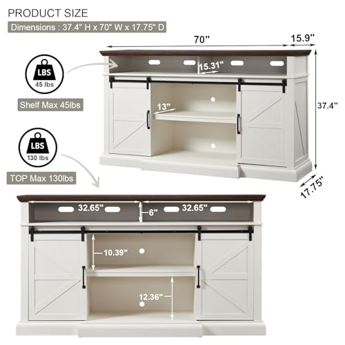 Farmhouse TV Stand for 80 Inch TVs, 37.4"Tall Entertainment Center w/Storage Cabinets and Sliding Barn Door, Media Console Cabinet w/Soundbar & Adjustable Shelves for Living Room, 70 inch (White) - color: White
