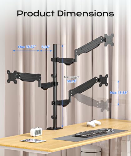 Pholiten Triple Monitor Mount, 3 Gas Spring Monitor Arms for Up to 32 inches Screens, Fully Adjustable Heavy Duty Triple Monitor Mount with Cable Management, Each Arm Holds 22 lbs - style: oversized 3 monitor mount